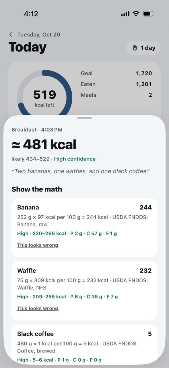 Show the math: grams times calories per 100 g, with the USDA source