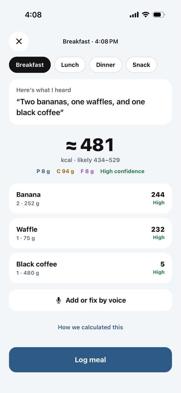 Review: every food with its amount, calories and confidence