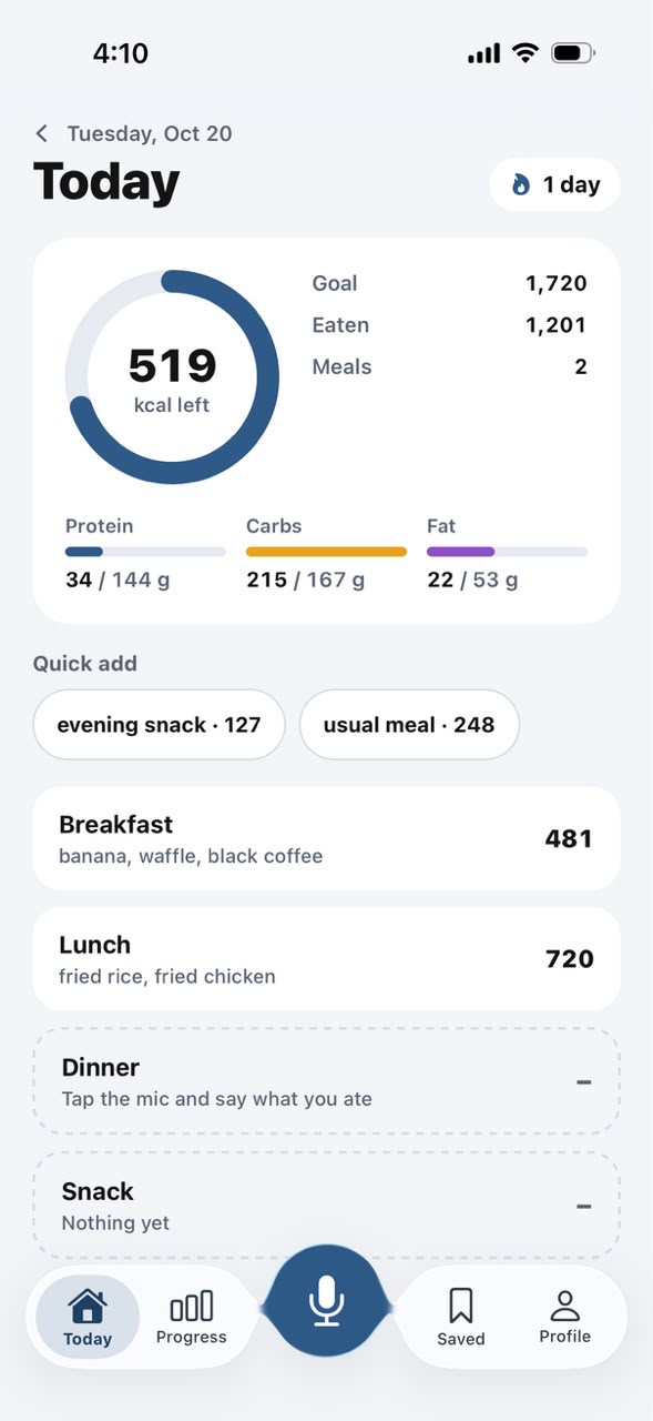 Today: calories left, macros and meals